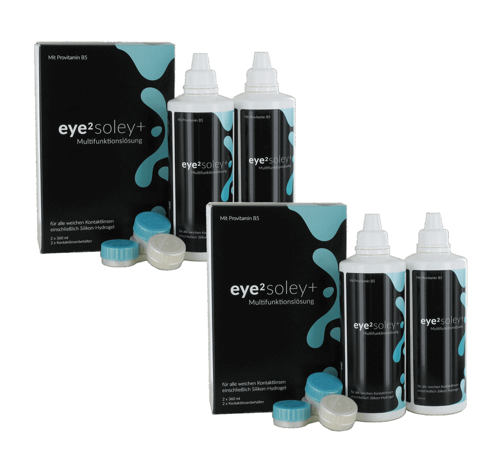eye2 soley+ Multifunktionslösung (4x360ml + 4 flache antibakterielle Behälter) Vorratspack